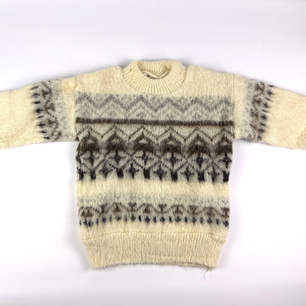 VTG Alafoss Bambino Ice Wool Sweater Childrens Sz 12 Fair Isle Cream Brown Beige